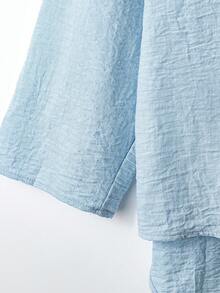Ensemble 2 pièces en lin pour femmes grandes tailles, chemise à col boutonné avec épaules tombantes et pantalon large, tenue de détente élégante pour le printemps - Bleu azur - Voir 4