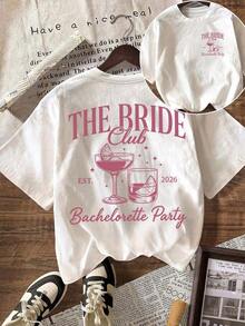 New Women's Vintage Style Casual Top 2026, Double-Sided Pattern With Stars And BRIDE Club EST Inscription, Unique Design, Round Neck, Short-Sleeved Solid Color Shirt In White, Cotton Shirt. - White - View 6