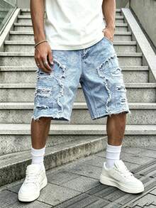 Teen Boy's Vintage Jacquard Denim Shorts, Suitable For School Wear - Light Wash - View 1