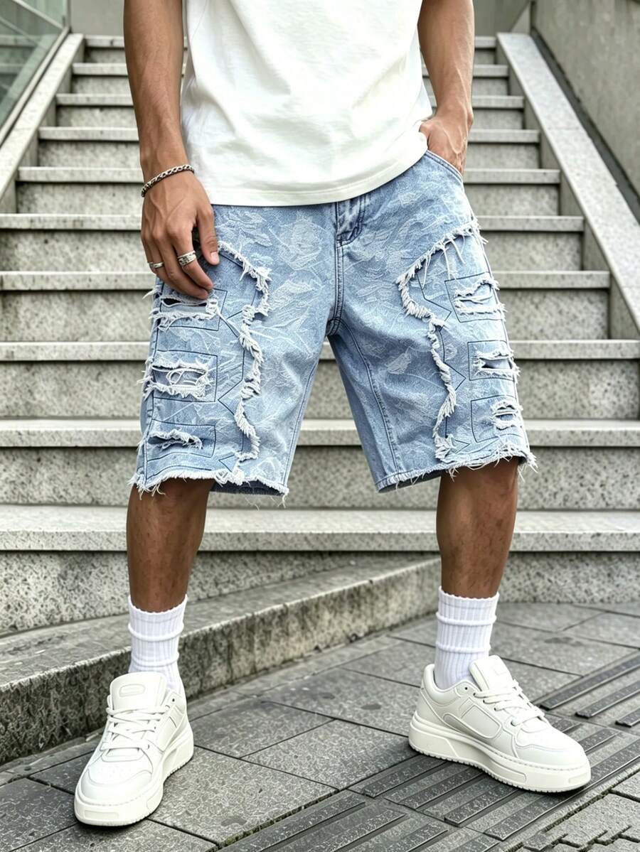 Teen Boy's Vintage Jacquard Denim Shorts, Suitable For School Wear - Light Wash - View 1