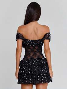 Vestido corto nueva llegada, hombros al descubierto, encaje combinado con estampado de lunares - Negro - Ver 4