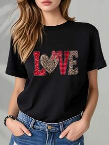 Camisetas de Algodón Oversize para Mujer 2026, Día de San Valentín, Noche de Citas, Elegante, Ropa Festiva, Moda, Atuendo para el Día de San Valentín - Camiseta con Estampado de Cuadros en Forma de Corazón para Mujer, Atuendo Casual para el Día de San Valentín, Camiseta Moderna y Única, Top de Manga Corta Cómodo, Suave y Sencillo para Uso Diario - Negro - Ver 7