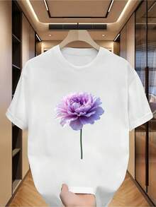 Elegante camiseta blanca de manga corta con diseño floral morado en forma de letra V - Suave y cómoda, de cuello redondo, ideal para el verano. - Blanco - Ver 6