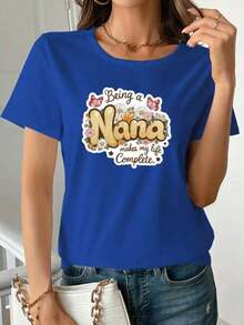 Women's 100% Cotton Casual T-Shirt With A Round Neck And A "Be A Grandma" Print. Machine Washable And Suitable For Any Season, This Comfortable Garment Is An Ideal Everyday Wear Option. Stylish And Made With Breathable Fabric, It Ensures A Perfect Fit. A Breathable Cotton T-Shirt, Cool And Versatile Summer Wear For Women. - 藍色 - 查看 6