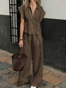 Conjunto informal de verano de 2 piezas de algodón de unicolor elegante para mujer Just Masa, incluye blusa holgada de manga corta con cuello vuelto y pantalones de pierna ancha con cintura elástica, adecuado para vacaciones, viajes, ir al trabajo, citas, playa y uso diario - Marrón - Ver 5