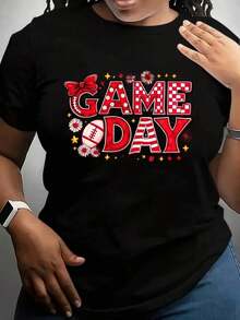 Camiseta de mujer con diseño estampado de fútbol americano, perfecta para eventos deportivos y para mostrar el espíritu. Estilo de cuello redondo, cómoda y versátil, fácil de cuidar, lavable a máquina, adecuada para todas las estaciones. - Negro - Ver 7