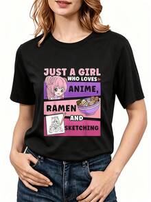Camiseta gráfica para mujer "Solo una que ama el anime, el ramen y los bocetos" - Camiseta negra vibrante con un llamativo diseño en rosa y morado, top casual de manga corta, elección perfecta para fans del anime, ropa de uso diario a la moda, AJUSTE CÓMODO - Negro - Ver 6