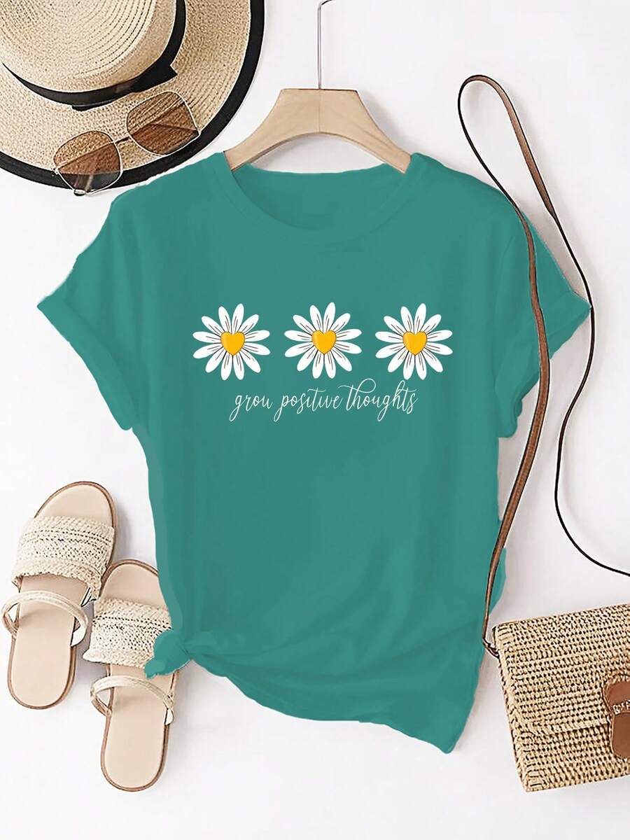 E012 [Nueva Camiseta de Manga Corta con Cuello Redondo y Estampado Floral] Top Deportivo Casual de Verano, Algodón Puro, Lavable a Máquina HNDL - Verde Oscuro - Ver 1