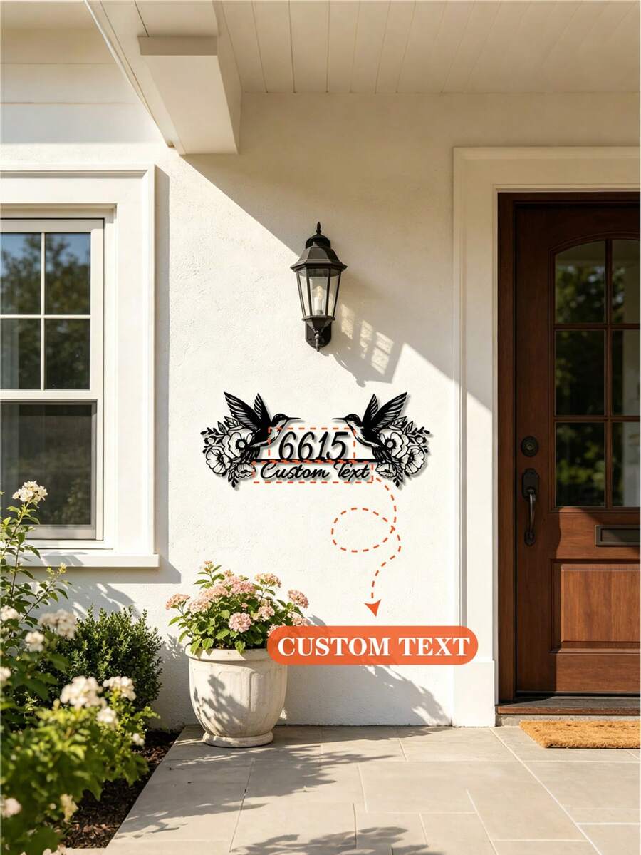 Customized Metal Wall Decor, Featuring Hummingbird Silhouette Design, Ideal For Personalizing With Your Family Name And House Number, Suitable For Indoor And Outdoor Decoration - Black - View 1