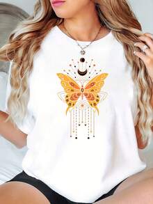 Camiseta PremiumA Design con estampado de mariposas y cuello redondo, camiseta de manga corta para mujer con estampado de luna, top para mujer para todas las estaciones, ecológico. - Blanco - Ver 6
