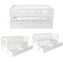 MERAX Convertible Toddler Bed With Storage Drawers, 3-In-1 Solid Wood Kids Daybed With Removable Guardrails, Compatible With Standard US Toddler Mattresses, White - White - View 6