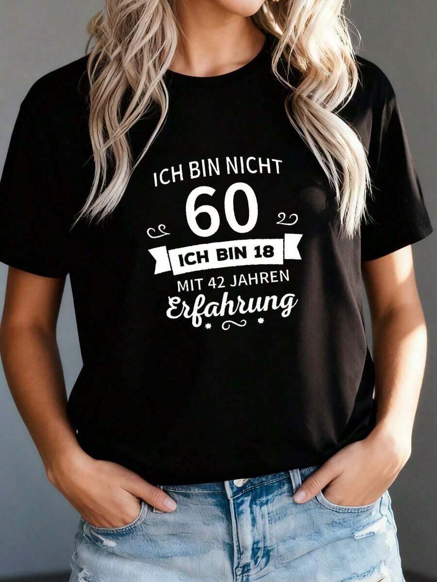 1 Piece Women's German Humor T-Shirt - "Ich Bin Nicht 60" Funny Age Defying Design, Casual Short Sleeve Crew Neck T-Shirt For Spring And Summer, White With Black Text, Lightweight Blend, Perfect Fit 180g 100% Cotton. - Black 1 - 查看 1