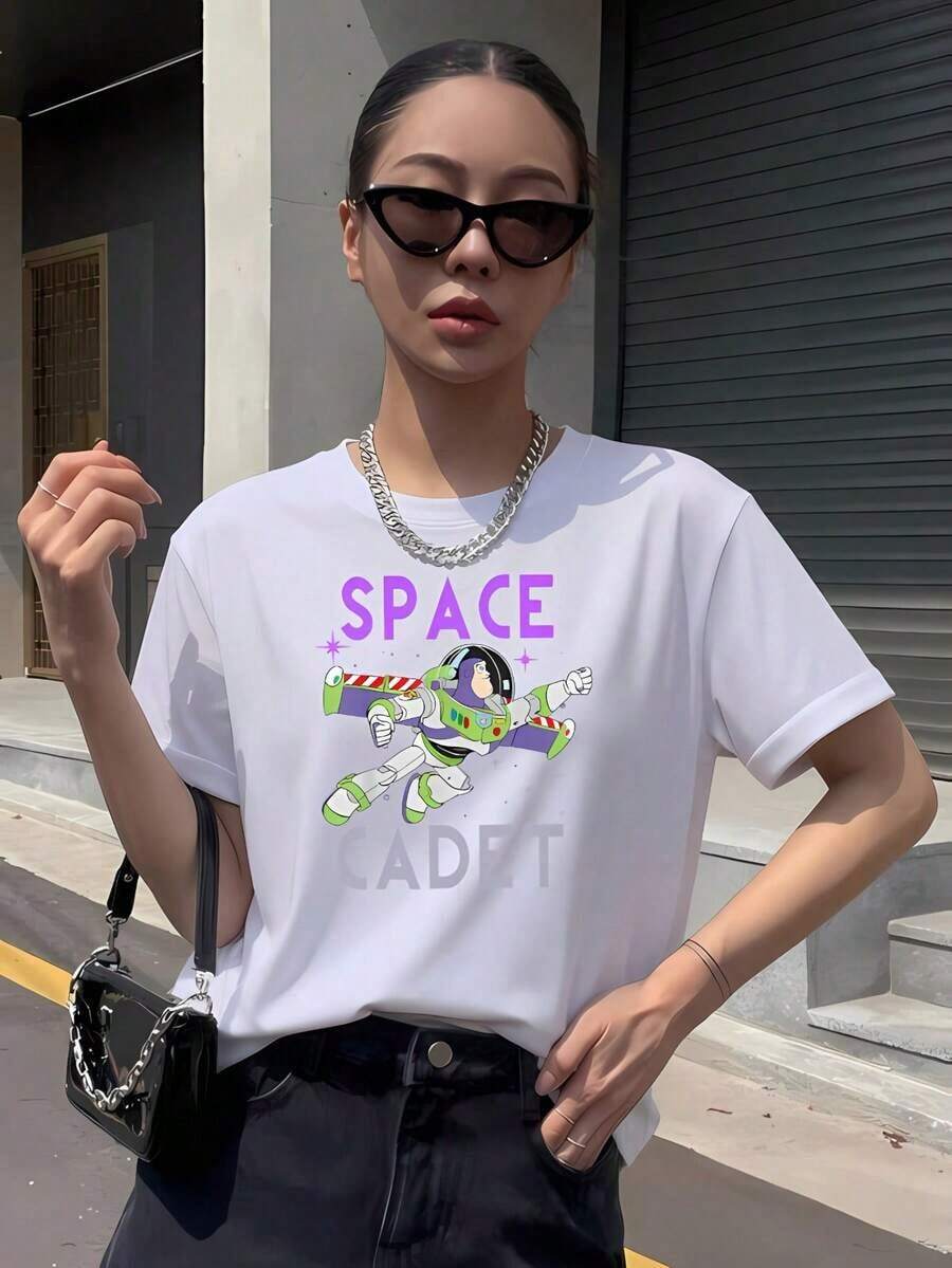 Women's Tops, Summer T-Shirt 100% Pure Cotton With Round Neck And Short Sleeves, Charming Buzz Anime Print Design, Soft, Breathable, Stylish, Versatile, Casual For Daily Wear For Women - 白色 - 查看 1