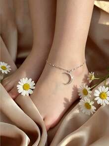1pc S925 Sterling Silver Girl's Anklet, Simple Elegant Foot Chain, Sweet & Charming, Adorned With Moon Pendant, Suitable For Beach Wear, Fashionable & Versatile - Moon - View 4