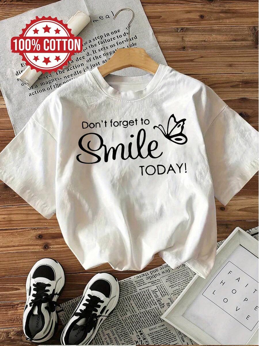 Diseño simple y versátil. No olvides sonreír hoy. Camiseta casual de manga corta y cuello redondo, 100% algodón estampado, adecuada para verano y primavera, ropa de mujer. - Blanco - Ver 1