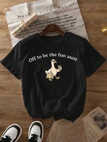 Camiseta de mujer con estampado "Off to be the fun aunt", pato, gafas de sol, bolsa de compras y motivos de café, ropa de primavera/verano 2026, camiseta de manga corta de algodón puro a la moda para mujer, camiseta elegante de algodón puro de manga corta para fiesta 1428, tops para salir de noche para mujer. - Blanco - Ver 7