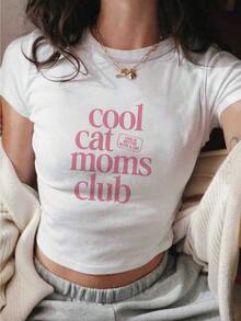 Camiseta de Mujer con Estampado "Cool Cat Mom Club" - Cuello Redondo Corto - Blanca, Ligera, Diseño Casual de Fantasía para Primavera/Verano con Frases Icónicas - Lavable a Máquina, Ropa Cómoda para Uso Casual y Fiestas - Camiseta Blanca Corta, Elegante para Fiestas. - Blanco - Ver 6