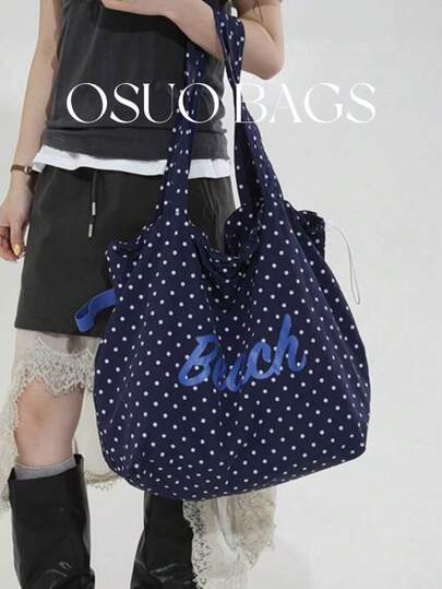 Túi tote vải canvas in chấm bi và chữ cái phối màu, dung tích lớn, thiết kế dây rút thời trang, túi đeo vai đa năng tiện dụng cho đi làm, dung tích rộng rãi, túi mua sắm thường ngày tiện lợi.