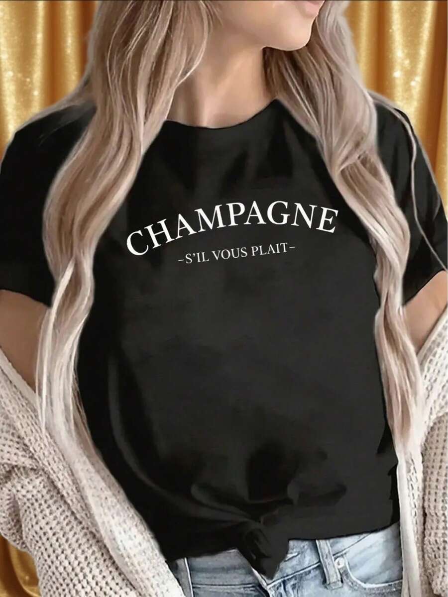 1 Short-Sleeved T-Shirt, Lightweight And Durable, Printed With The Words "Champagne Si Vous Plait", Perfect For Casual Outings Or Relaxing At Home, Designed To Offer Comfort And Style For Everyday Wear, 180g 100% Cotton. - 黑色 - 查看 1
