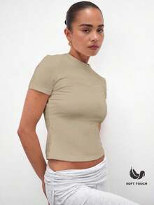Camiseta de tacto suave, armario cápsula casual, uso diario, aeropuerto, vacaciones, vuelta al colegio, elegante, primavera, verano - Marrón Mocha - Ver 1