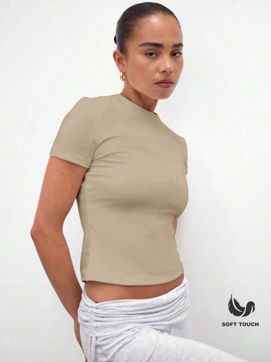 Camiseta de tacto suave, armario cápsula casual, uso diario, aeropuerto, vacaciones, vuelta al colegio, elegante, primavera, verano - Marrón Mocha - Ver 1