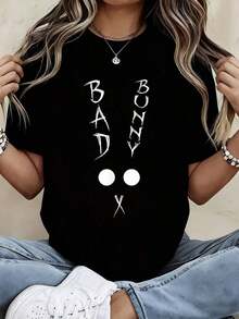 White Crew Neck T-Shirt With "Bad Girl" Text Print, Casual Urban Fashion Top For Women, Summer Clothes - Vintage Urban Style, Unisex, Loose Fit, Cotton, Short Sleeve, 100% Cotton - 黑色 - 查看 7