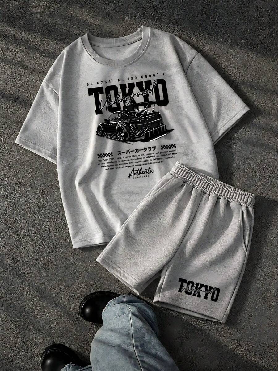 灰色休闲套装 男士夏季新款街头风宽松赛车印花短袖T恤和短裤两件套 - 灰色 - 查看 1