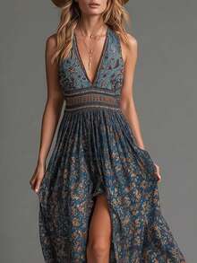 Vestido nuevo de verano para mujer, estilo bohemio, sin mangas, estampado, escote en V profundo, con abertura, diseño favorecedor, fresco, perfecto para vacaciones, playa, festivales y citas - lago azul - Ver 2