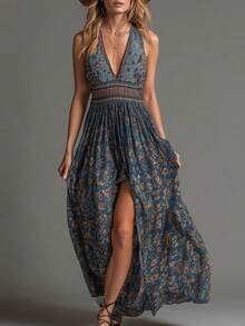 Vestido nuevo de verano para mujer, estilo bohemio, sin mangas, estampado, escote en V profundo, con abertura, diseño favorecedor, fresco, perfecto para vacaciones, playa, festivales y citas - lago azul - Ver 5