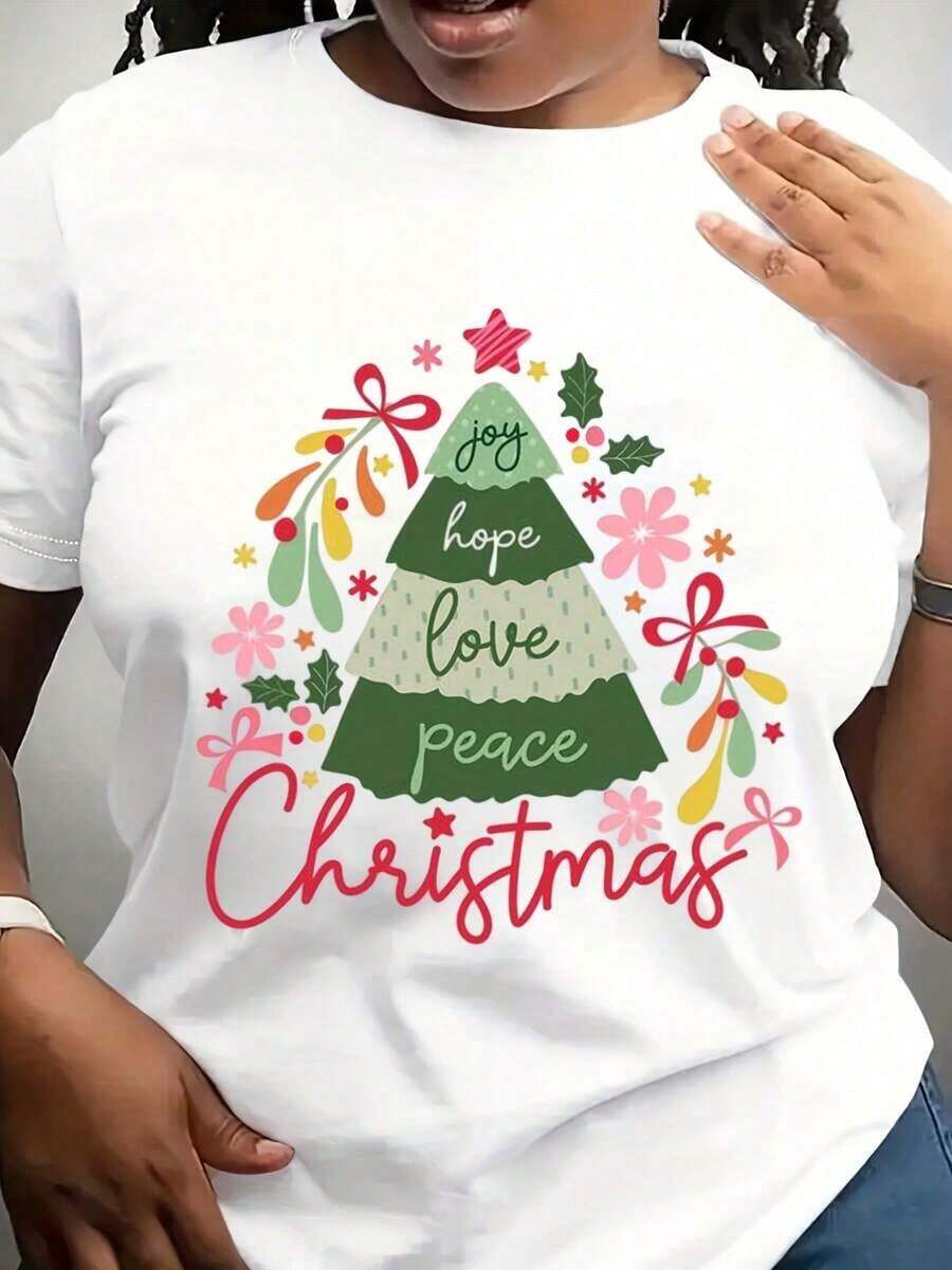 Camiseta Moderna Minimalista Retro con Árbol de Navidad, Gráfica Vintage de Alegría, Esperanza, Amor y Paz, Casual para el Día a Día - Blanco - Ver 1