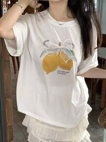 1 pieza de camiseta de manga corta para mujer  con estampado de letras y frutas, cuello redondo, casual, versátil, para uso diario, 180g 100% algodón. - Blanco - Ver 12