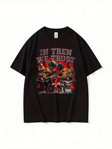 En Tren Confiamos" Camiseta gráfica de los Gemelos Tren - Camiseta unisex oversize negra con estampado en rojo intenso de fisicoculturista, ropa deportiva y casual para hombres y mujeres, ropa casual callejera | Camiseta gráfica llamativa | Camiseta impresa duradera - Negro - Ver 1
