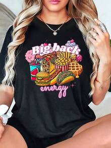 Camiseta informal holgadaTeen Girl Clothes Big Back Energy Food Print Black Y2K Hip Hop Short Sleeve T Shirt 100% Cotton Summer Tops Teen Shirts,Camiseta estampada de verano, cuello redondo, informal y versátil, ideal para el día a día, viajes o vacaciones, apta para niños, niñas y adolescentes, diseño unisex. - Negro - Ver 1