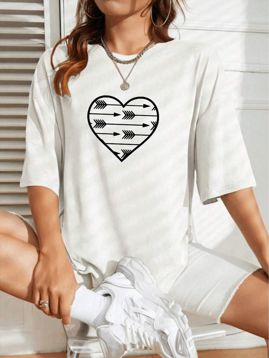 Camiseta cómoda corazón flechas moderna casual elegante para mujeres pequeña blanca moda trendy 2023 - Blanco - Ver 1