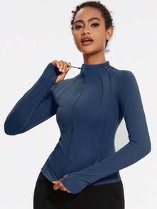2026 VUTRU Women's Slim Fit Sports Jacket With Thumbholes And High Collar, Spring - 海軍藍 - 查看 4