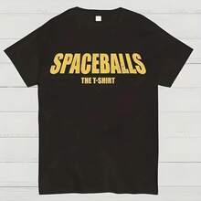 Camiseta de mujer con estampado de la película Space Cannonball, estampado de letras doradas, pantalones cortos informales, tejido de punto cómodo, perfecto para uso casual. - Negro - Ver 2