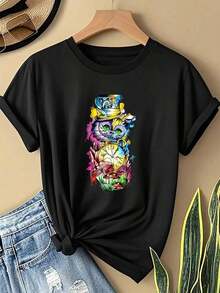 1 pieza de moda informal para hombre y camiseta oficial para mujer - Diseño "Tierra de Ensueño de Alicia", manga corta, cuello redondo, estilo casual adecuado para primavera y verano, tela suave y transpirable, ideal para eventos temáticos y uso diario. Versátil, fácil de combinar, para uso diario, estilo urbano, ropa de vacaciones, ropa de fin de semana. - Negro - Ver 6