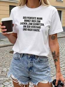 Camiseta de Mujer con Cuello Redondo y Estampado Divertido 'The Perfect Man', Texto Divertido, Decoración Casual, Manga Corta, Estilo Atrevido, para Uso Diario, 100% Algodón - Blanco - Ver 1