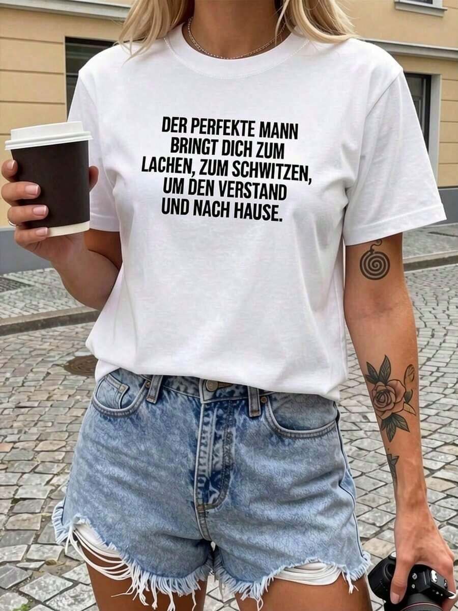 Camiseta de Mujer con Cuello Redondo y Estampado Divertido 'The Perfect Man', Texto Divertido, Decoración Casual, Manga Corta, Estilo Atrevido, para Uso Diario, 100% Algodón - Blanco - Ver 1