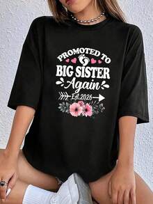 100% Algodón Unisex 1 pieza - Camiseta de Anuncio de Embarazo "Promovida a Hermana Mayor de Nuevo Est.2026" - Camiseta de Cuello Redondo Transpirable y Cómoda para Mujer 230g Transpirable y cómoda - Negro - Ver 1