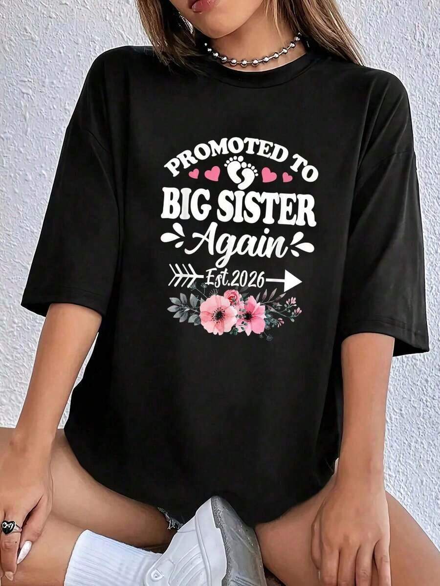 100% Algodón Unisex 1 pieza - Camiseta de Anuncio de Embarazo "Promovida a Hermana Mayor de Nuevo Est.2026" - Camiseta de Cuello Redondo Transpirable y Cómoda para Mujer 230g Transpirable y cómoda - Negro - Ver 1