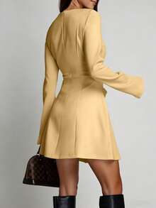 Mini Dress With Long Sleeves, Round Neck With Bow And Defined Waist - Yellow - View 3