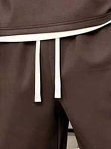 Men's Summer Contrast Color Round Neck Drop Shoulder Loose Casual T-Shirt And Drawstring Waist Shorts Set - Coffee Brown - View 8
