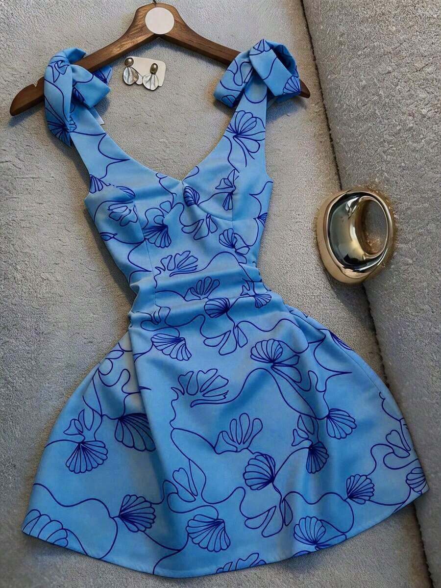 Nuevo vestido elegante con estampado, cuello en V y cintura con lazo - Azul - Ver 1