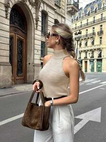 Blusa de punto acanalado sin mangas de color caqui casual para mujer, chaleco de cuello alto de punto acanalado para primavera y verano, blusa de punto acanalado, chaleco de otoño, atuendos de oficina para mujer, ropa de estilo francés, casual de negocios, top de estilo "old money" - Caqui - Ver 1