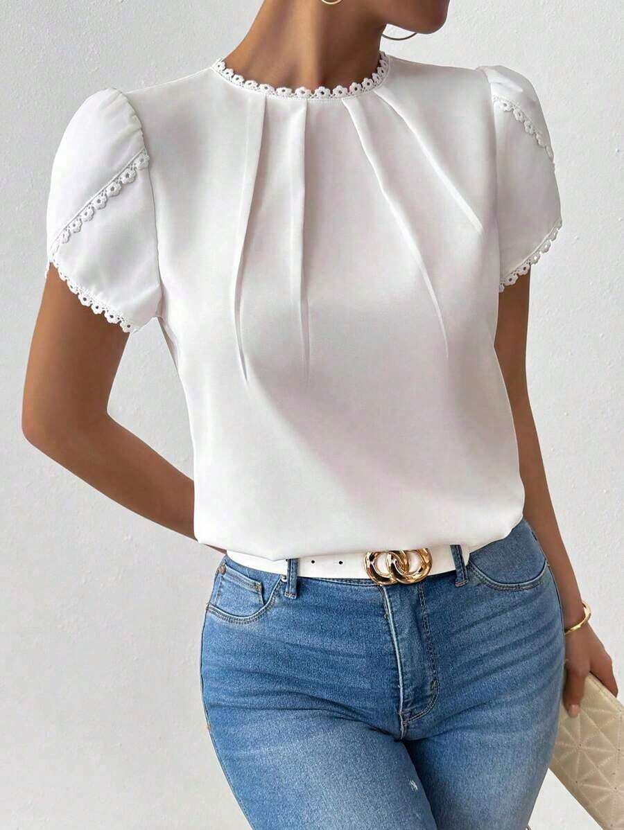 Camisa de mujer elegante y casual con mangas abombadas y volantes de unicolor - Blanco 2 - Ver 1