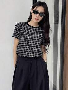 Camiseta De Mujer De Manga Corta A Cuadros - Negro 2 - Ver 3