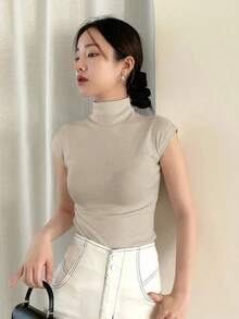 Camiseta de mujer de cuello alto de color liso para el verano - Gris 2 - Ver 4