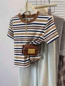 Camiseta de mujer de manga corta, cuello redondo, holgada y minimalista casual, camiseta a rayas, ropa de verano para mujer - Multicolor 3 - Ver 1