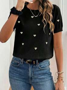 Jersey de cuello redondo de manga corta con diseño de corazón de punto para mujer, minimalista y de moda - Negro - Ver 7